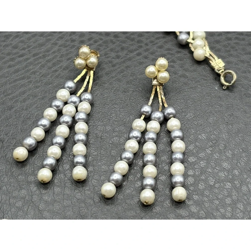 Vintage Imitation Pearl Gold Tone Necklace Pierced Dangle Fringe Earrings Set
